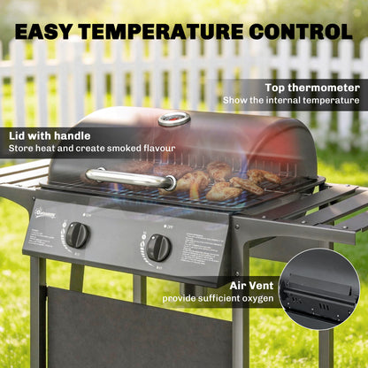 2-Burner Propane Gas Grill, 18000 BTU BBQ Grill with Wheels, Warming Rack, Shelf, Thermometer, Grease Cup, Black