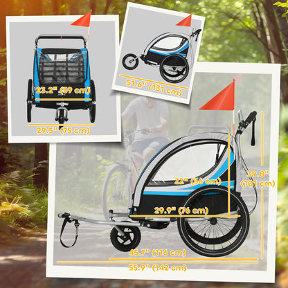 Aosom 3-in-1 Bike Trailer for Kids, Running Stroller with 2 Seats, Jogging Cart with 5-Point Harness, Storage Units, Blue