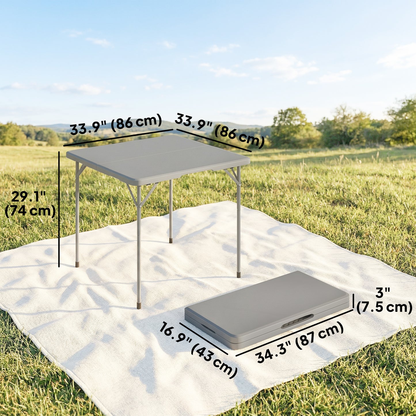 Folding Picnic Table Heavy Duty Camping Table 34" x 34", Indoor Outdoor Use for Picnic, Beach, BBQ, Grey