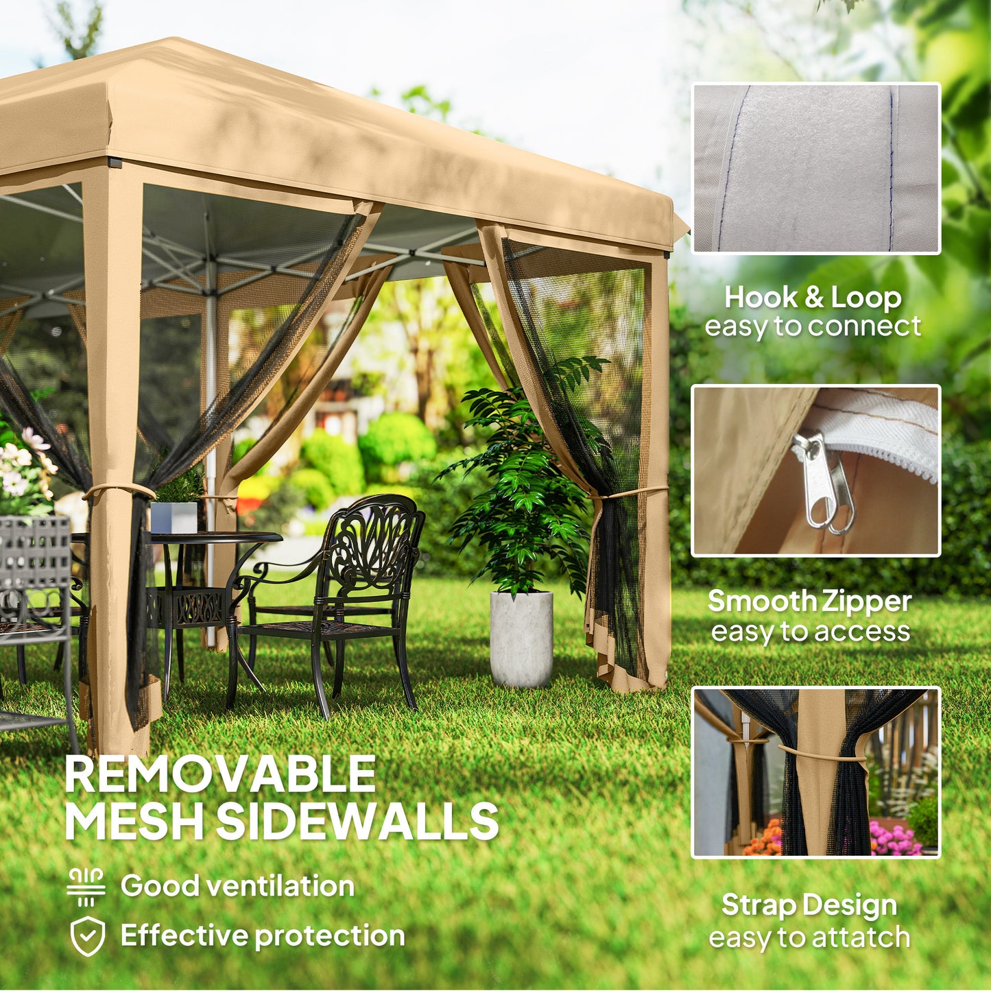 10' x 20' Pop Up Canopy Tent Gazebo with Removable Mesh Sidewall Netting, Carry Bag for Backyard Patio Outdoor, Beige