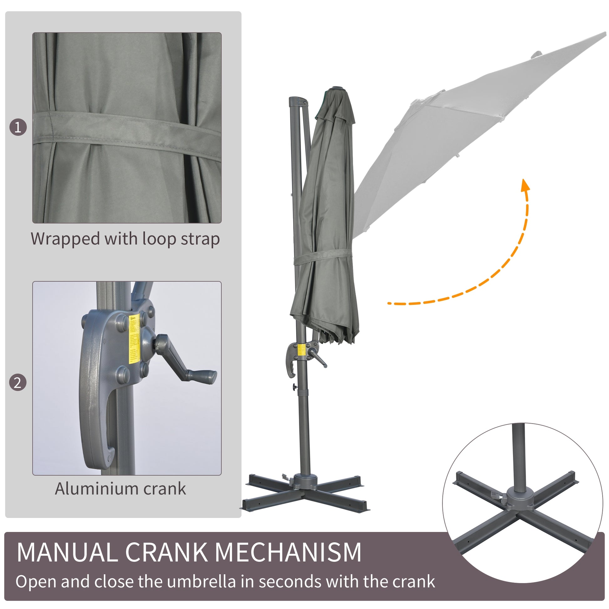 9.6' Cantilever Patio Umbrella Outdoor Hanging Offset Umbrella, Cross Base, 360° Rotation Aluminum Poles, Grey