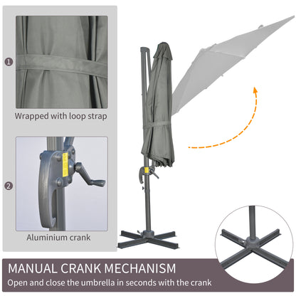 9.6' Cantilever Patio Umbrella Outdoor Hanging Offset Umbrella, Cross Base, 360° Rotation Aluminum Poles, Grey