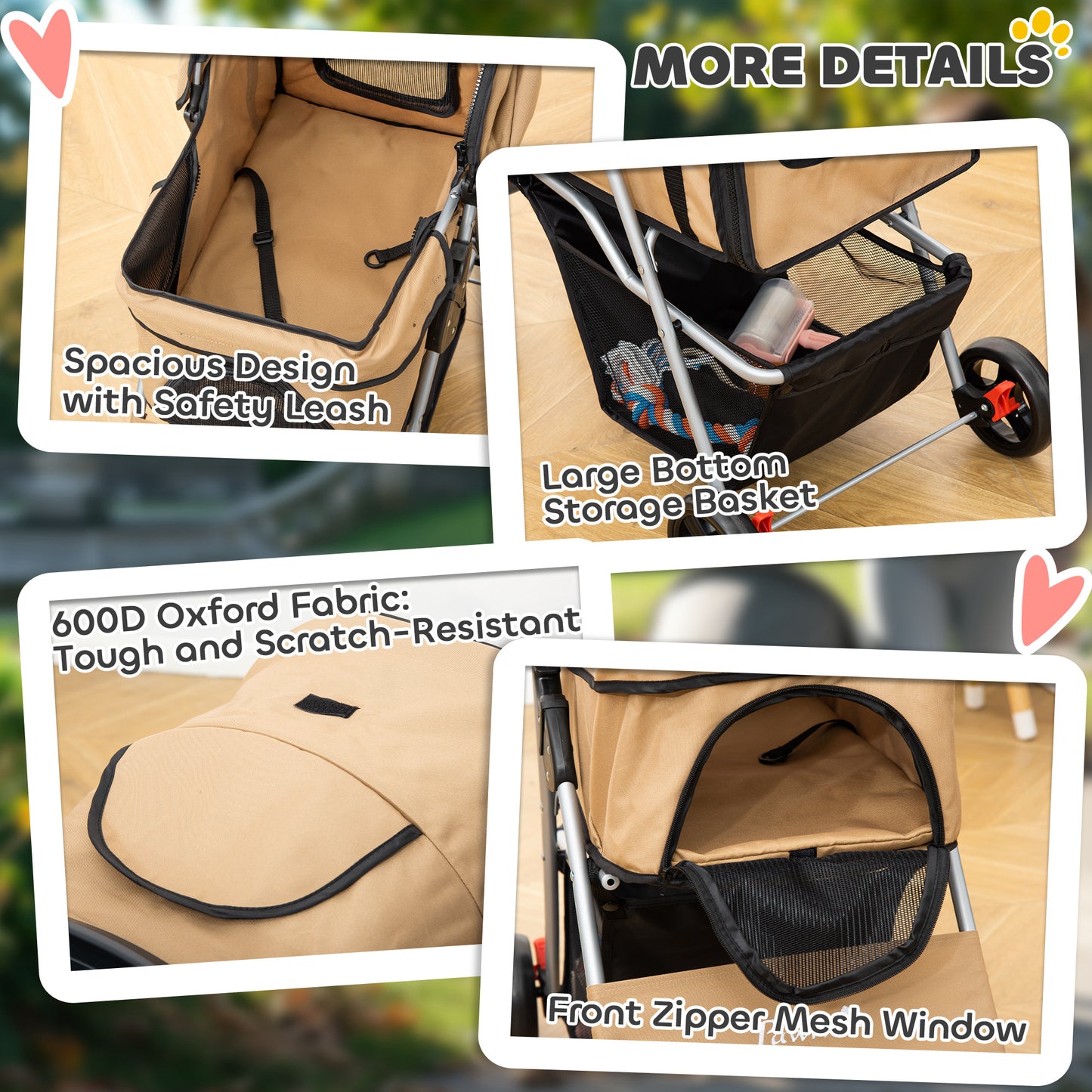 Pet Stroller Foldable Carrier for Cat, Dog and More 4 Wheels Travel Jogger with Cup Holder, Storage Basket, 360 ° swiveling front wheels, Easy Fold, Coffee