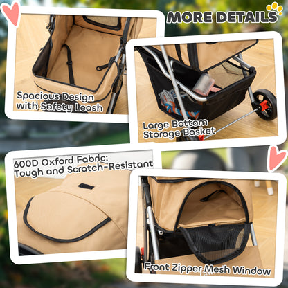 Pet Stroller Foldable Carrier for Cat, Dog and More 4 Wheels Travel Jogger with Cup Holder, Storage Basket, 360 ° swiveling front wheels, Easy Fold, Coffee