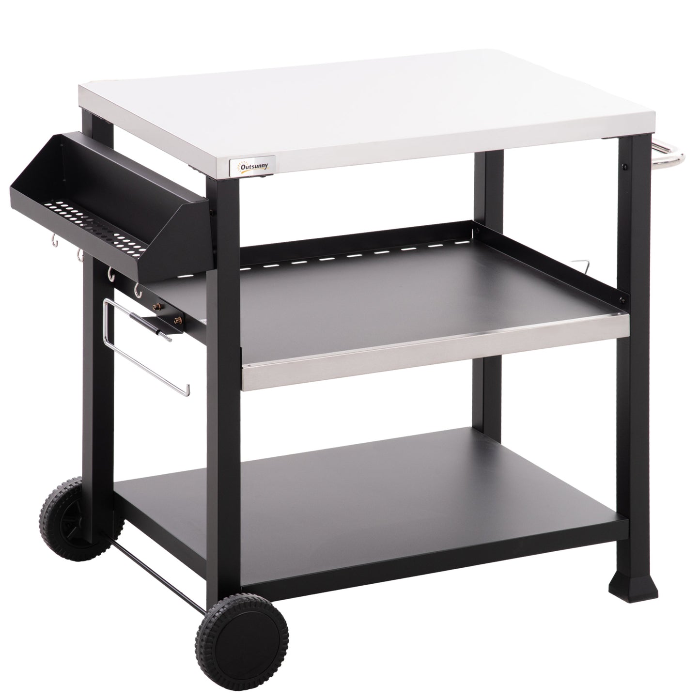 3-Shelf Outdoor Grill Cart Table with Side Handle, Stainless Steel Pizza Oven Stand on Wheels, Black