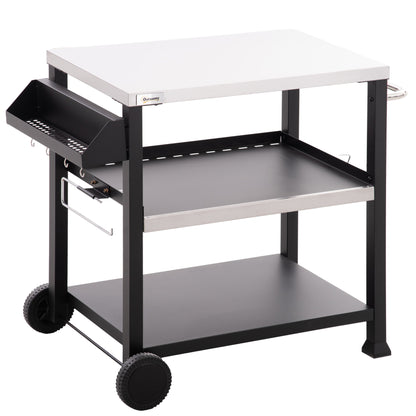 3-Shelf Outdoor Grill Cart Table with Side Handle, Stainless Steel Pizza Oven Stand on Wheels, Black