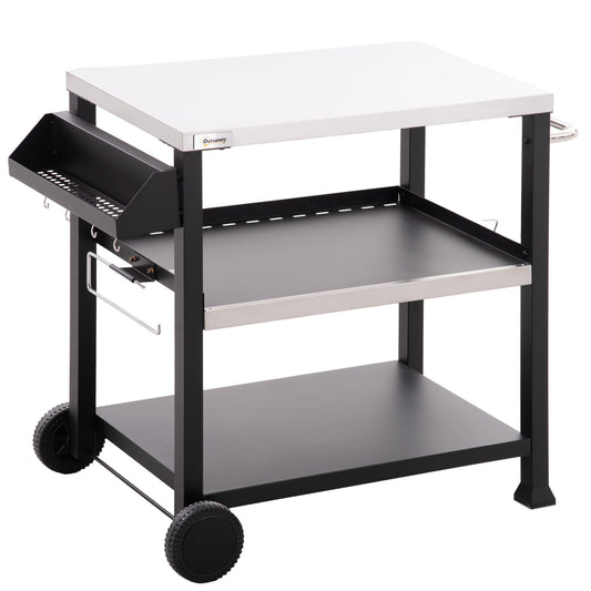 3-Shelf Outdoor Grill Cart Table with Side Handle, Stainless Steel Pizza Oven Stand on Wheels, Black