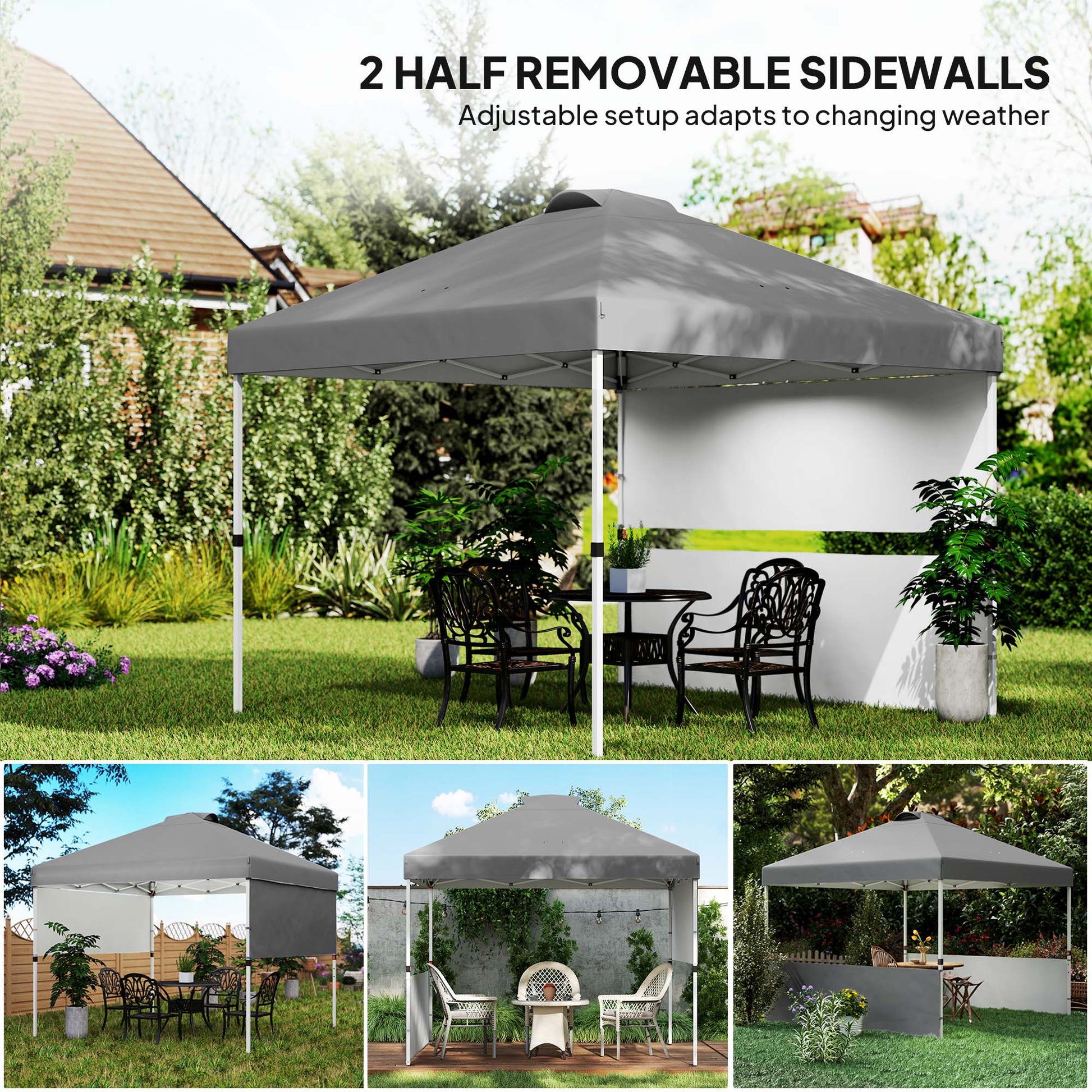 10' x 10' Pop Up Canopy Tent with 2 Half Sidewalls, UV50+ Height Adjustable Instant Sun Shelter, Dark Grey