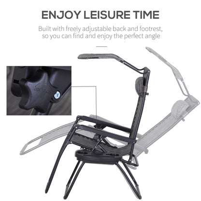 Outdoor Zero Gravity Reclining Lounger Chair with Canopy Shade, Side Tray, Cupholder, Dark Grey
