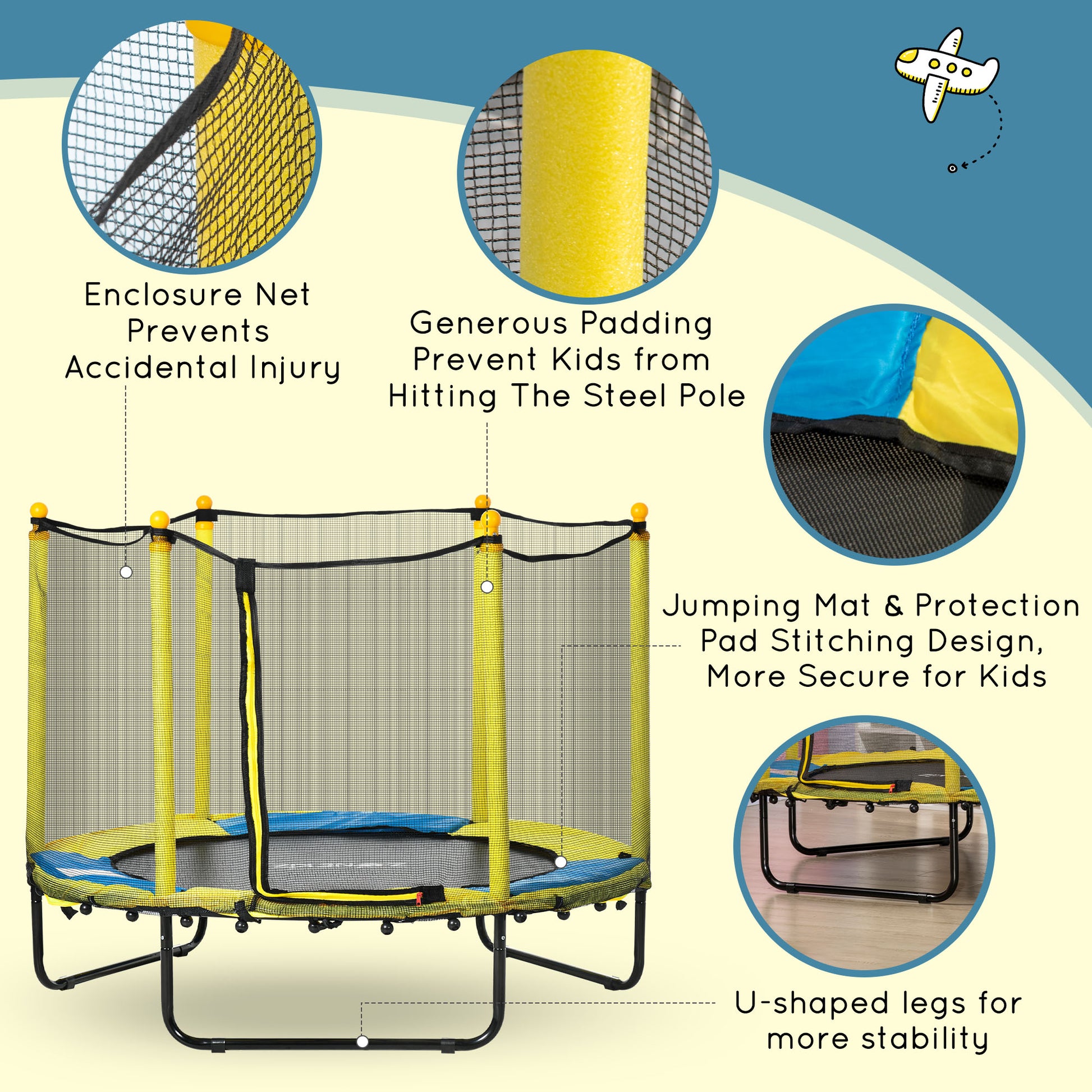 Qaba 4.6FT Trampoline for Kids with Enclosure Net for Ages 3-6, Indoor Outdoor Use, Yellow