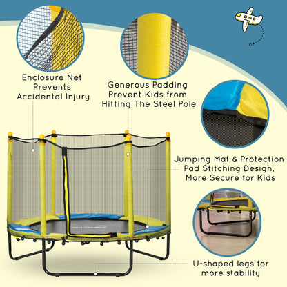 Qaba 4.6FT Trampoline for Kids with Enclosure Net for Ages 3-6, Indoor Outdoor Use, Yellow