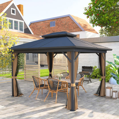 10' x 12' Hardtop Gazebo, Sun Shelter with Double Tier Metal Roof, Mosquito Netting, and Hanging Hook, Dark Brown
