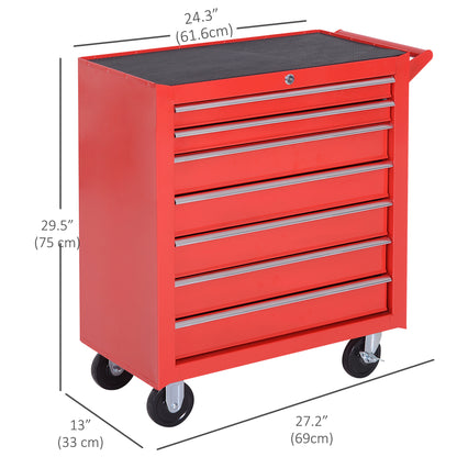 Rolling Tool Chest, 7-Drawer Lockable Tool Cabinet with 4 Wheels, Handle, Toolbox Storage Organizer for Garage, Workshop, Repair Shop, Red