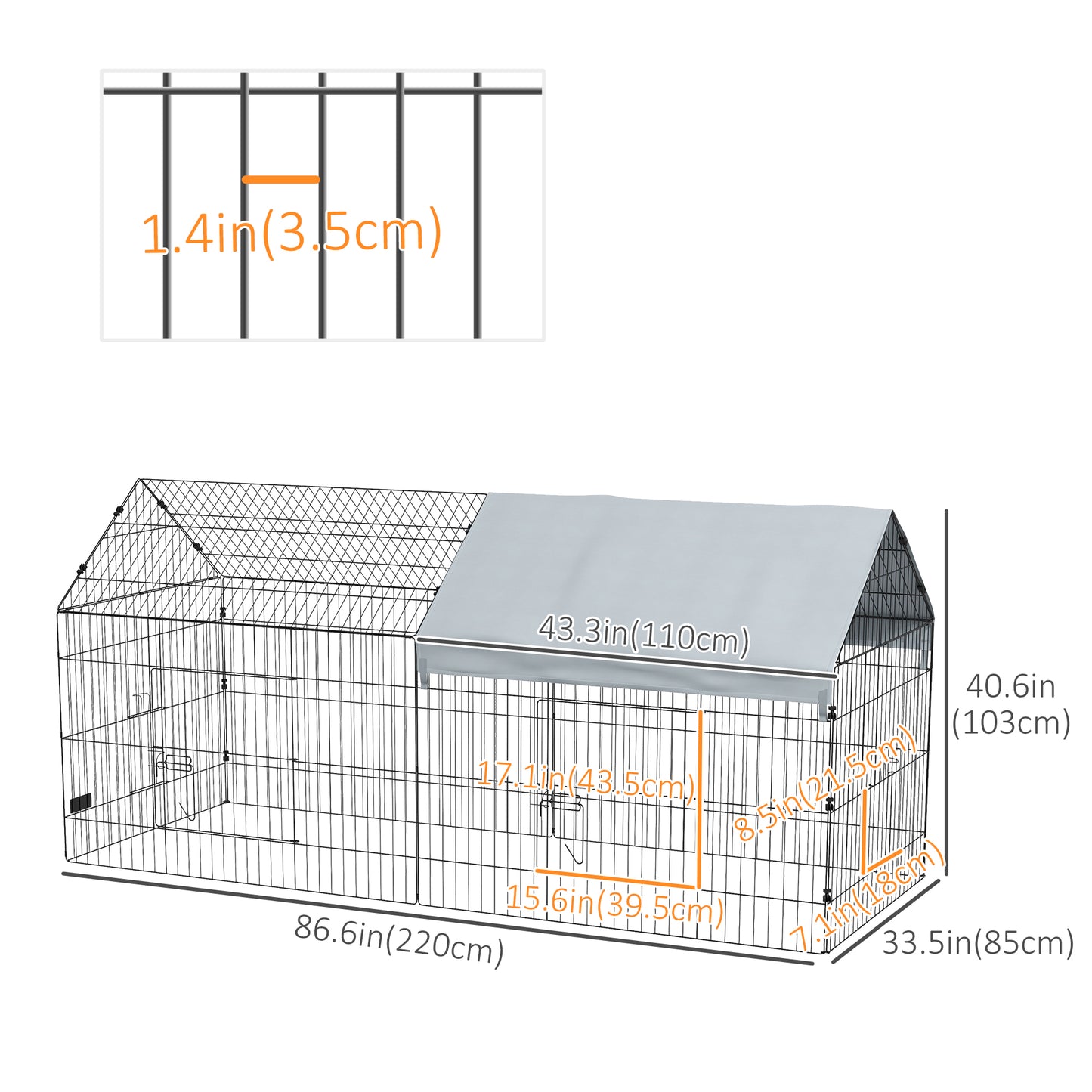 87" Small Animal Cage with Roof, Indoor/Outdoor Use, for Chicken, Rabbits, Chinchillas, Silver