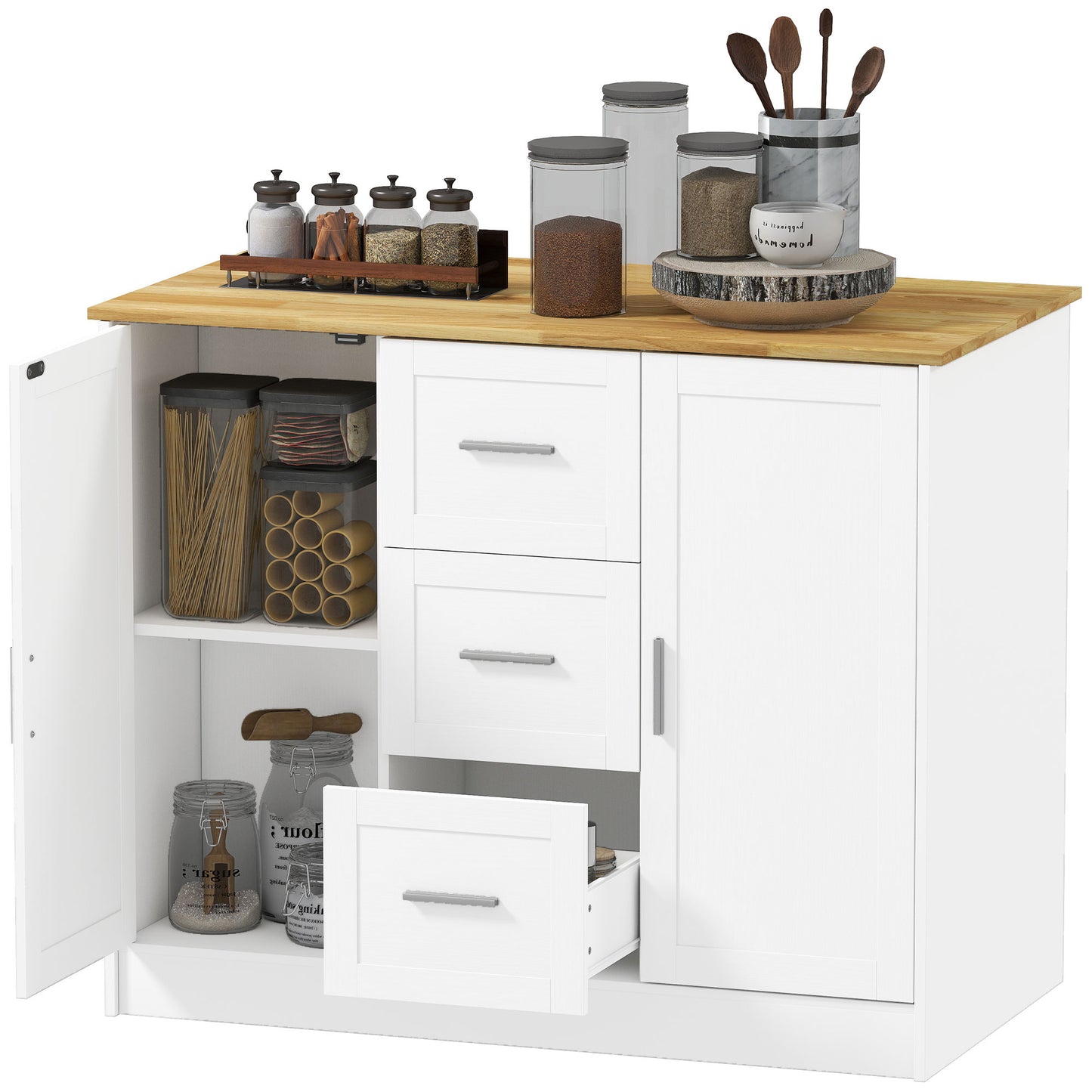 Kitchen Island with Storage Cabinets, Spacious Countertop 3 Drawers, 2 Adjustable Shelves and Sitting Space for Dining Room, White