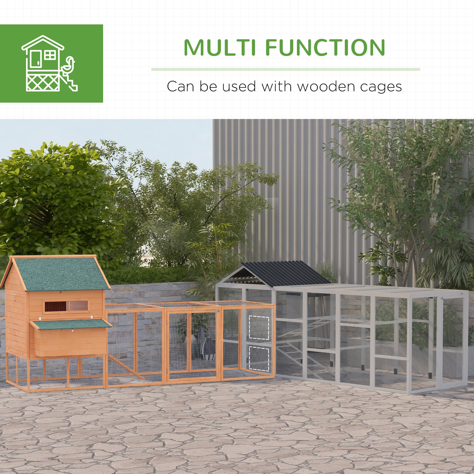 142" Outdoor Wooden Chicken Coop with Run, Ramps, Perches, Storage, Combinable Design for 6 - 10 Chickens, Grey