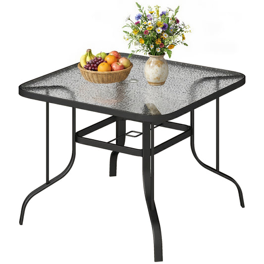 Tempered Glass Square Patio Dining Table w/ 2.1" Umbrella Hole for Garden, Balcony, Backyard, 38" x 38" x 28"