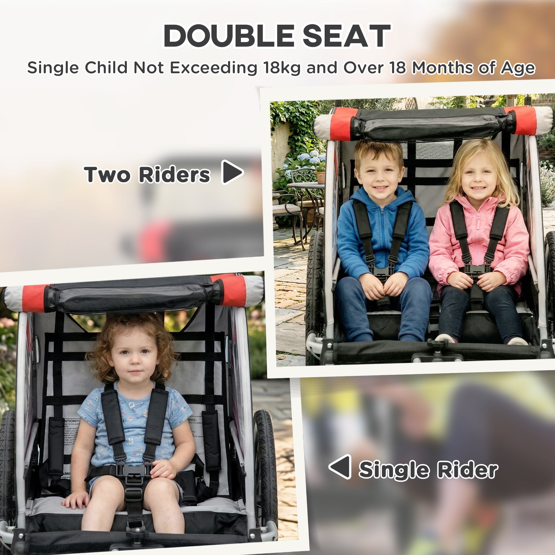 Aosom 2 Seat Bike Trailer for Kids 2-in-1 Double Baby Stroller with Handbrake, Rubber Wheels, 5 Point Harness, Waterproof Cover, Storage Bag, Reflectors, Red
