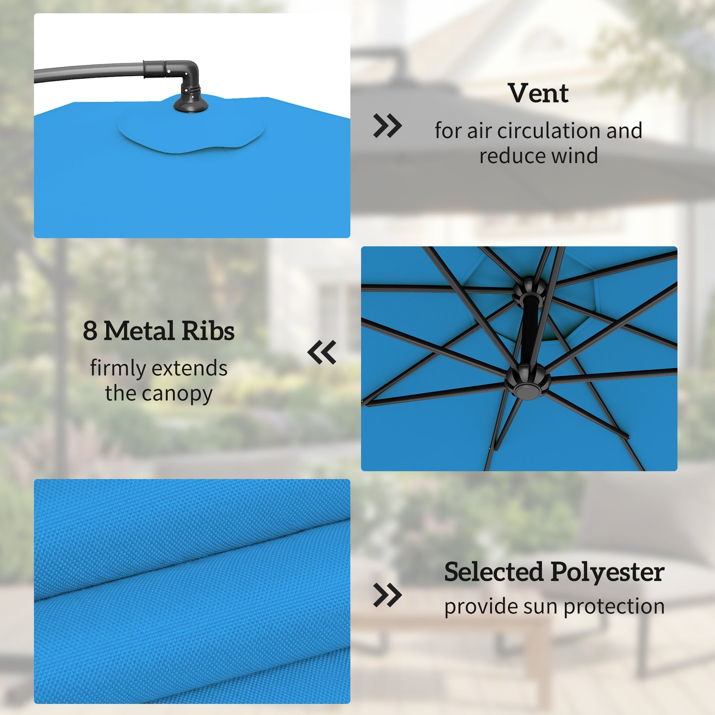10ft Offset Patio Umbrella with Base, Garden Hanging Parasol with Crank, Banana Cantilever Umbrella Sun Shade, Blue