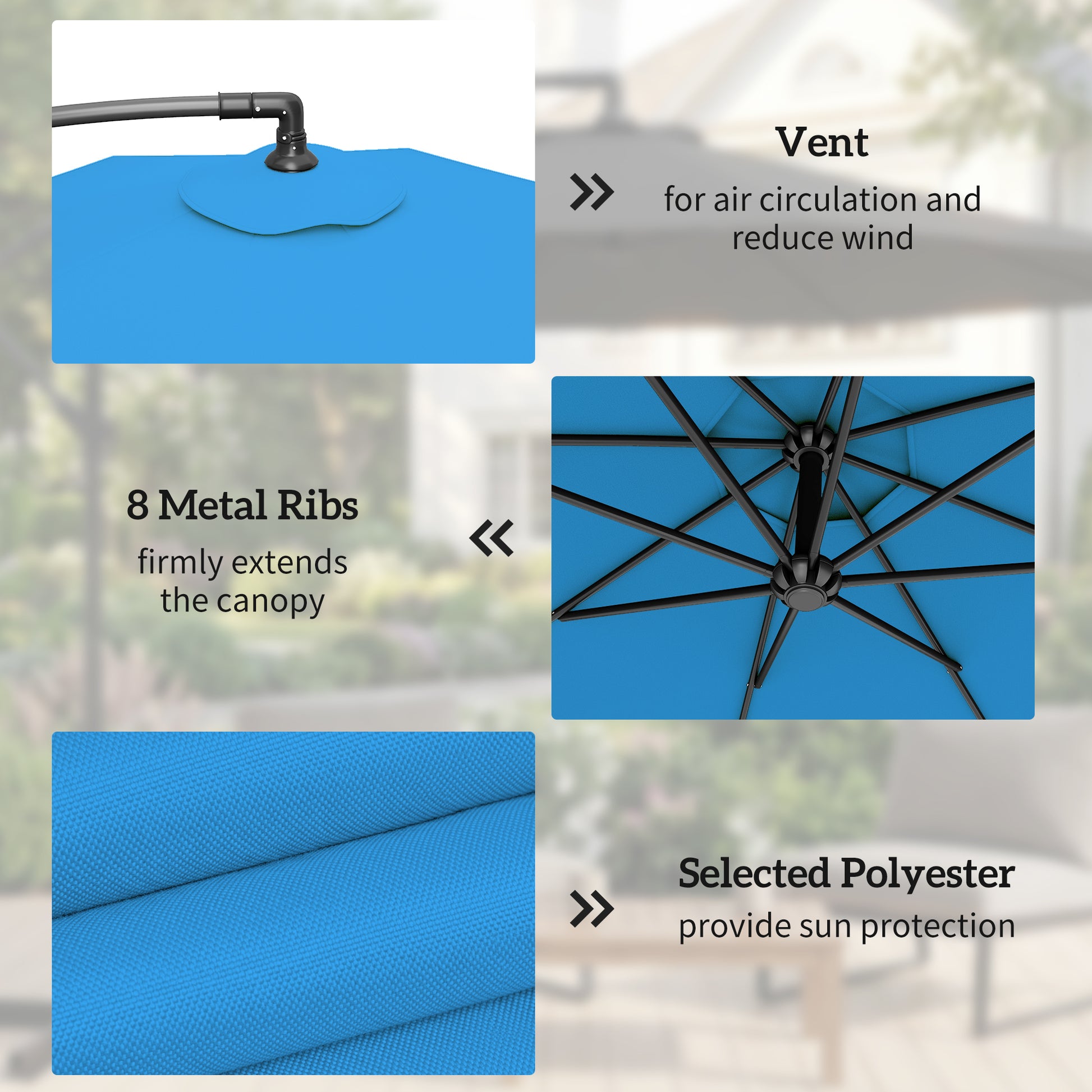 10ft Offset Patio Umbrella with Base, Garden Hanging Parasol with Crank, Banana Cantilever Umbrella Sun Shade, Blue