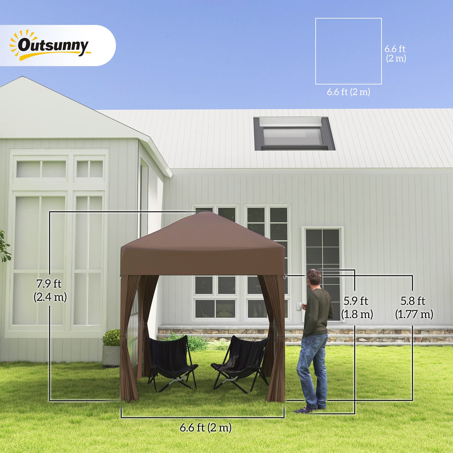 6.6'x6.6' Pop Up Canopy Tent with Sidewalls, Instant Sun Shelter Camping Gazebo with Carry Bag, Brown