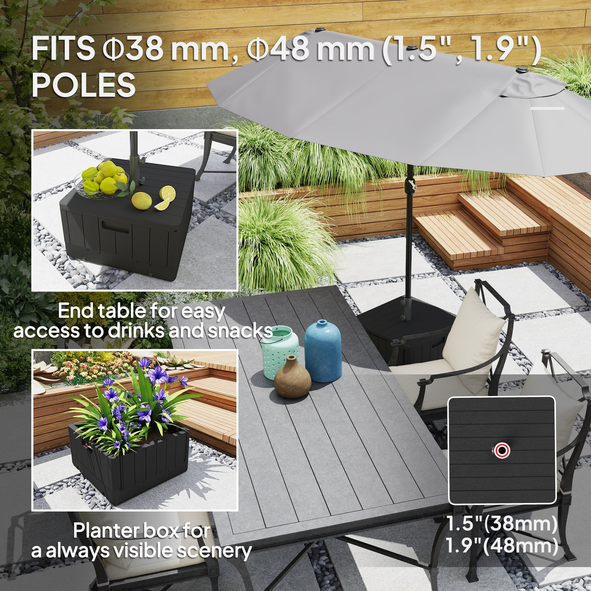 3-in-1 Patio Umbrella Base, Coffee End Table, Flower Box Planter with Wheels Handles, Square Plastic 176lb Stand/110lb Water Fillable Outdoor Garden Umbrella Stand, Black