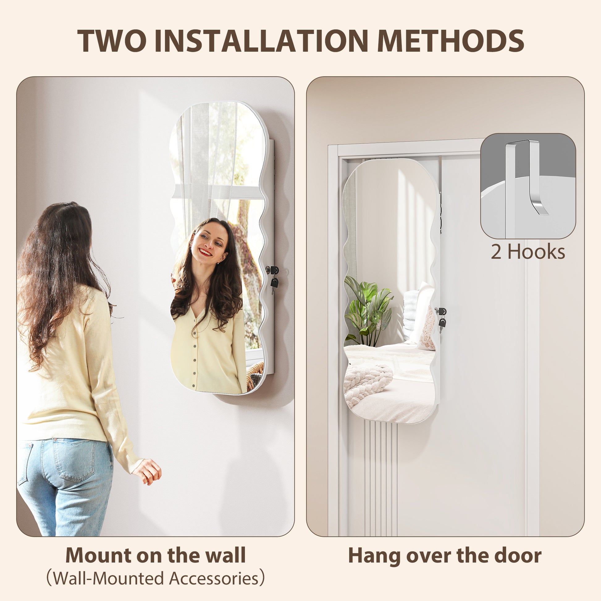 Jewelry Armoire Cabinet with Lights, Wall Mounted or Door Hanging Mirror Jewelry Cabinet with Full Length Mirror, White