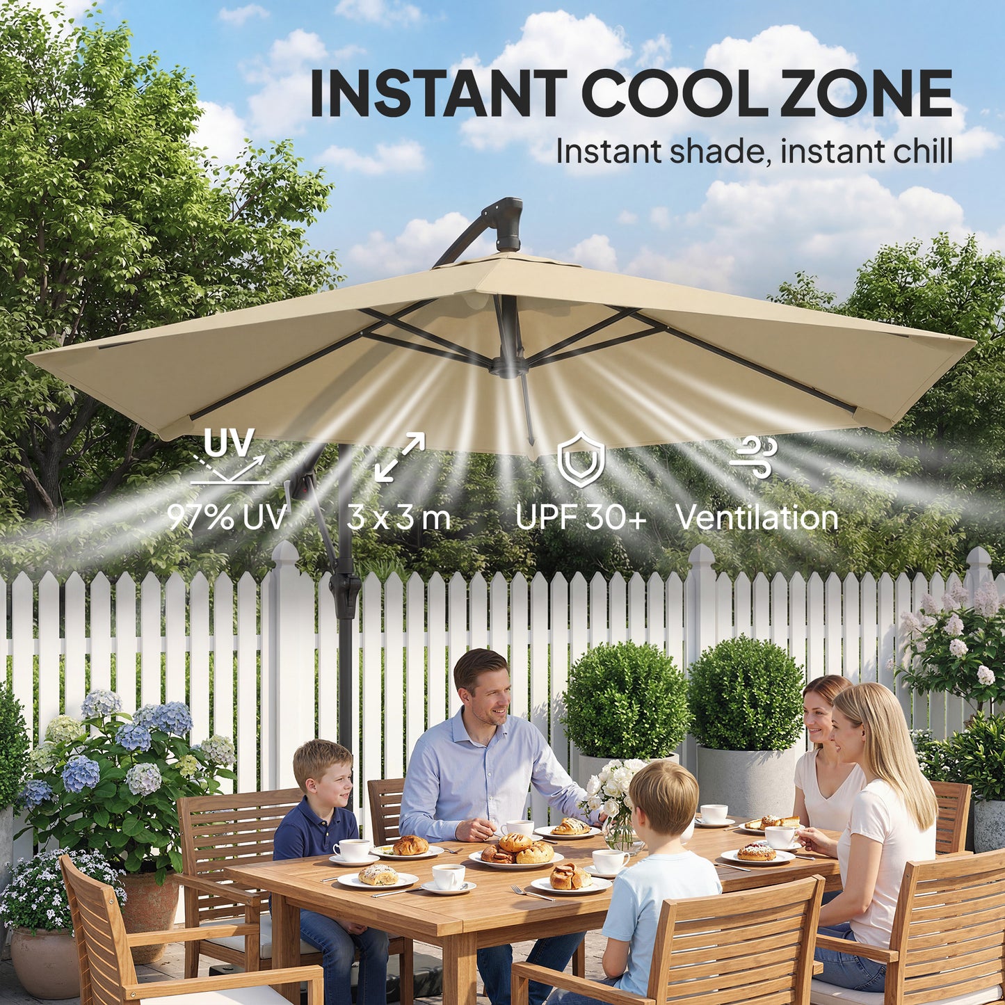 9.7 ft Offset Patio Umbrella with Water/Sand Fillable Weights, Garden Hanging Parasol with Locking Latch, Khaki