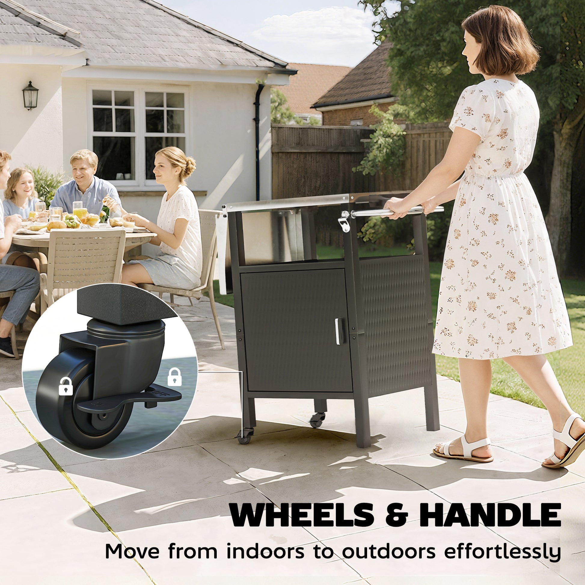 Outdoor Grill Dining Cart with Stainless Steel Top, Pizza Oven Stand Table with Foldable Side Table, Silver