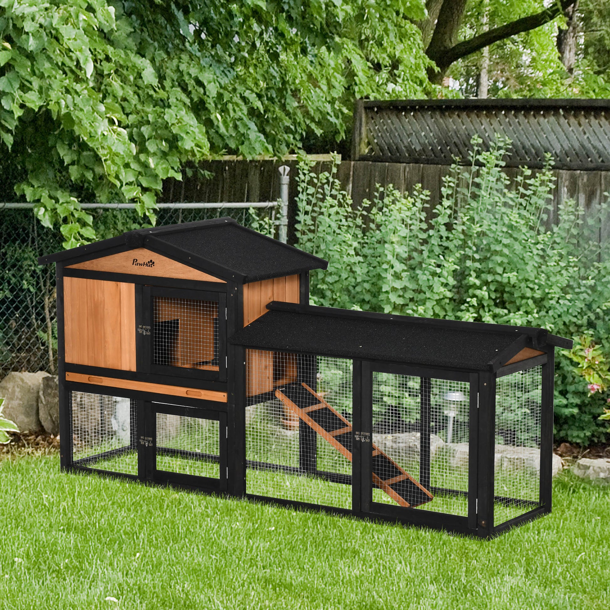 69" Wooden Rabbit Hutch Pet Playpen Bunny House Enclosure with Run Box, Slide-out Tray, Ramp, for Rabbits and Small Animals, Black