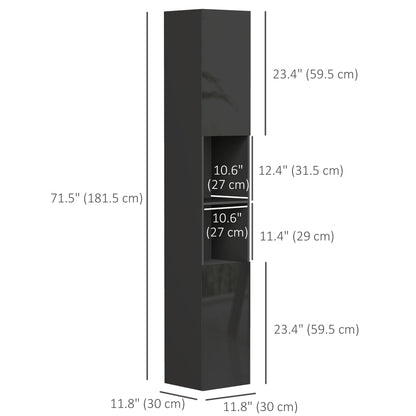 Tall Bathroom Cabinet, High Gloss Storage Cabinet with Doors and Adjustable Shelves, 11.8" x 11.8" x 71.5", Black