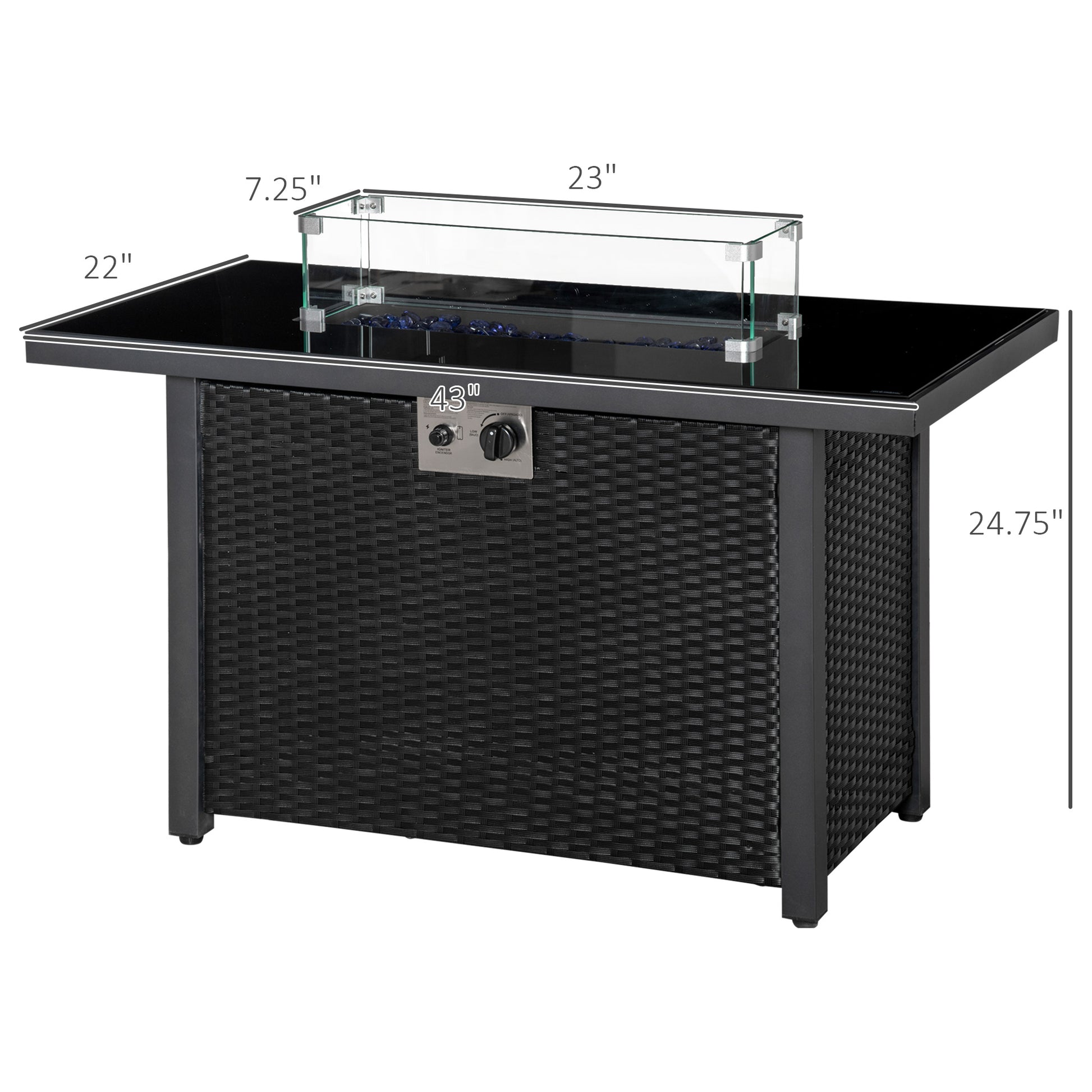Propane Fire Pit Table 43in Outdoor Fire Table, 50,000 BTU Pulse-Ignition Wicker Firepit Furniture with Glass Wind Guard, Blue Glass Rock, CSA Certification, Black