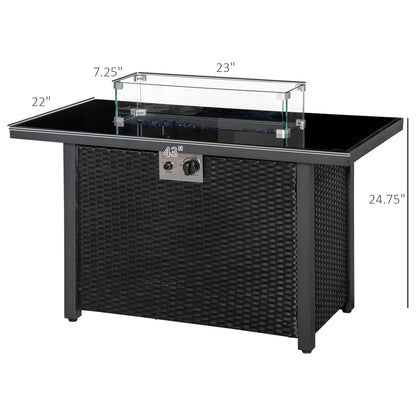 Propane Fire Pit Table 43in Outdoor Fire Table, 50,000 BTU Pulse-Ignition Wicker Firepit Furniture with Glass Wind Guard, Blue Glass Rock, CSA Certification, Black