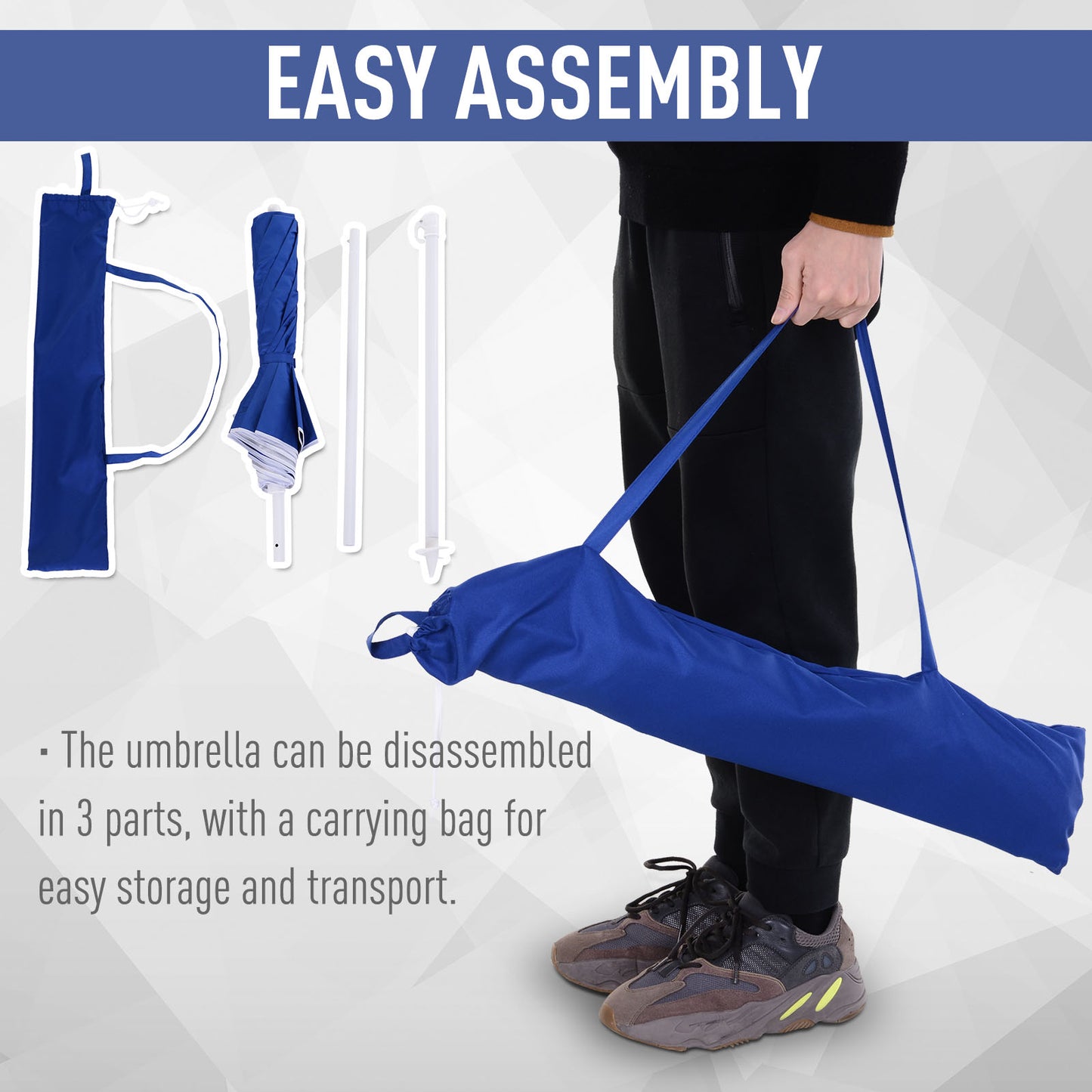 6.7ft Beach Umbrella with Push Button Tilt, Ruffled Outdoor Umbrella with Carry Bag and 8 Ribs, Blue