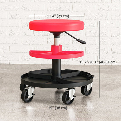 Rolling Garage Stool, 300 LBS Capacity Mechanic Stool with 2.5" Wheels, Tool Trays Storage, Adjustable Height, Red