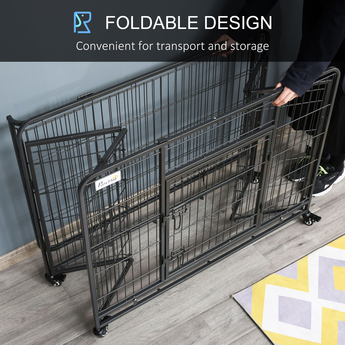 Folding Heavy Duty Dog Crate Heavy Duty Cage for Large Sized Dogs with Double Doors, Lockable Wheels Tray, 43" x 28" x 31"