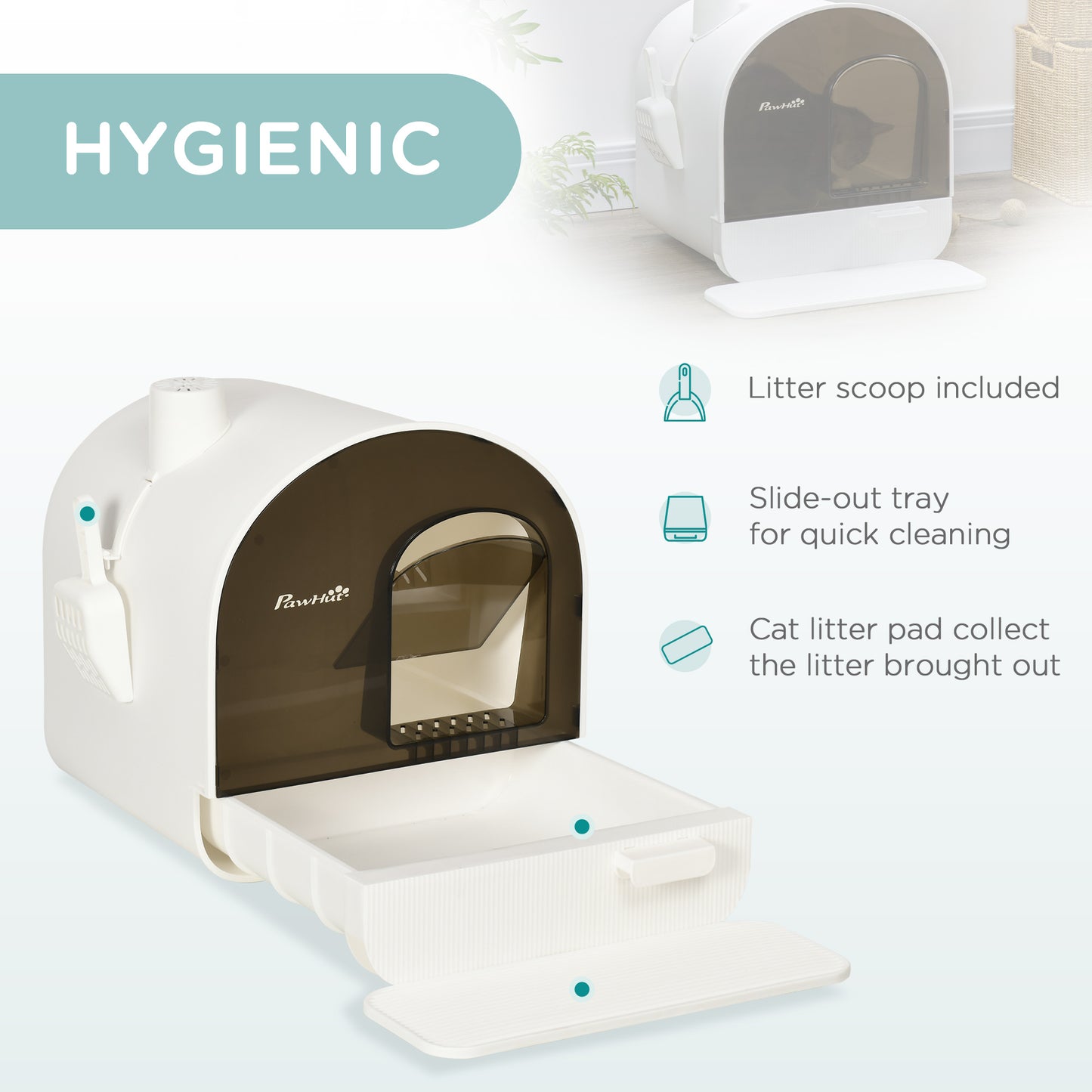 Cat Litter Box with Lid, Removable Tray, Scoop, Filter, White