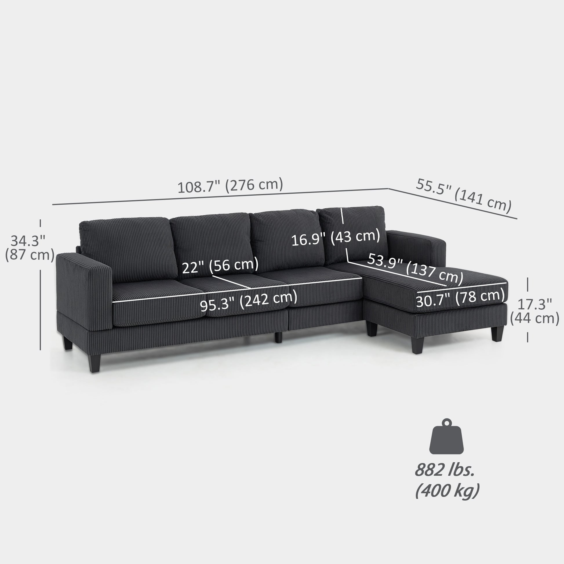 L Shaped Couch, L Shape Sofa with Chaise Lounge and Spring Cushion for Living Room, Bedroom, Charcoal Grey