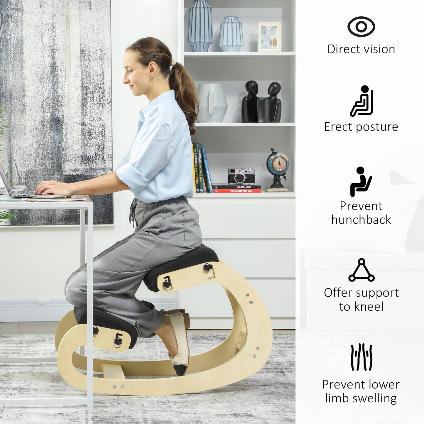 Ergonomic Kneeling Chair, Adjustable Rocking Wood Kneeling Stool, Desk Chair, Improve Posture, Black