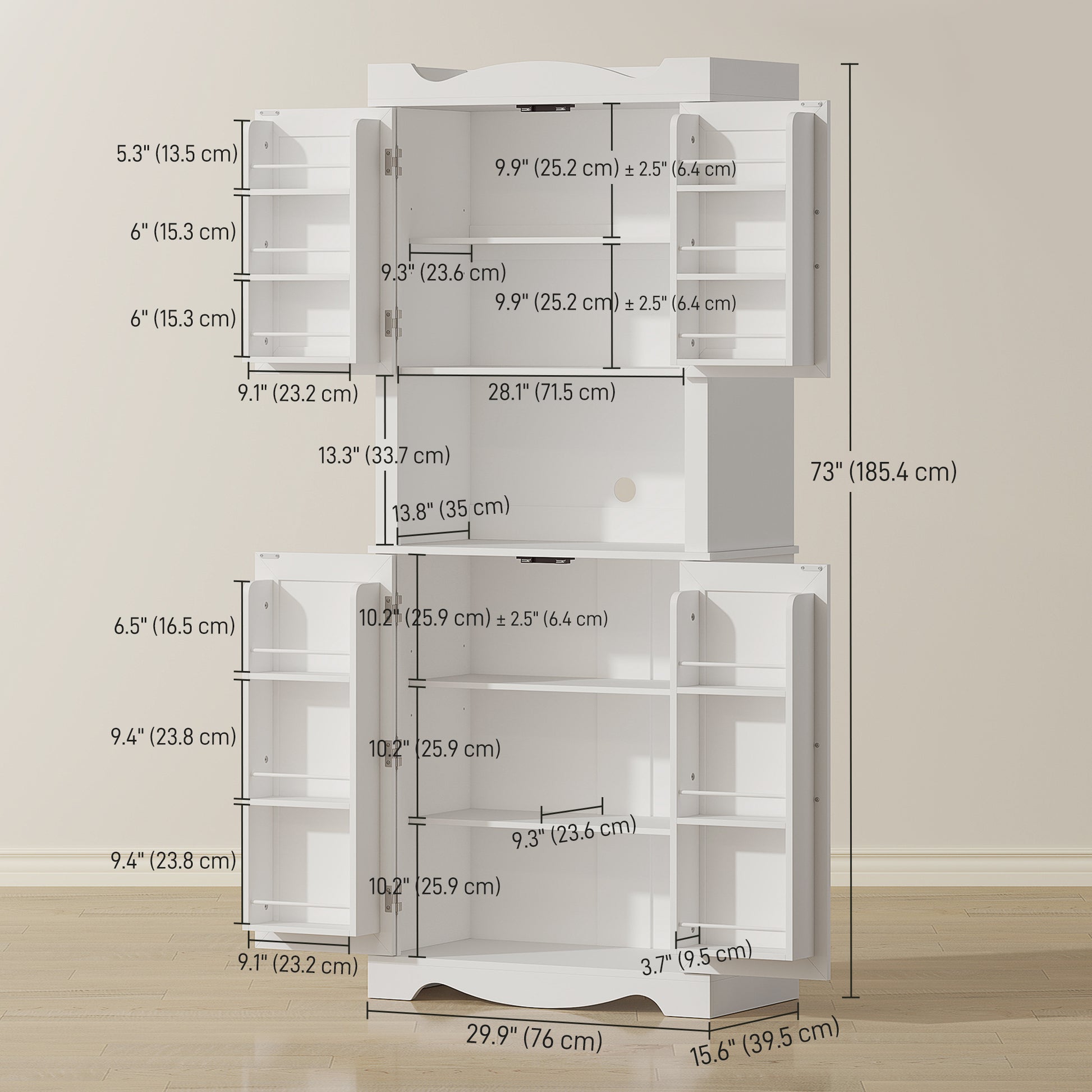 73" Kitchen Pantry Cabinet, Freestanding Kitchen Hutch with 12 Door Shelves, Adjustable Shelves, Microwave Stand, White