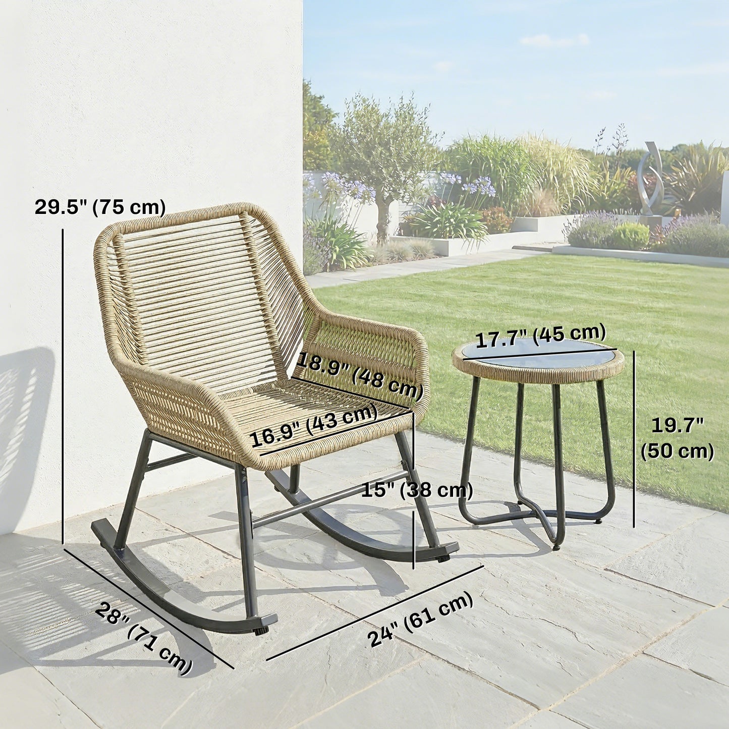 3 Piece Rocking Bistro Set Outdoor Patio Furniture Set with Cushions, Glass Coffee Table for Balcony, Cream White