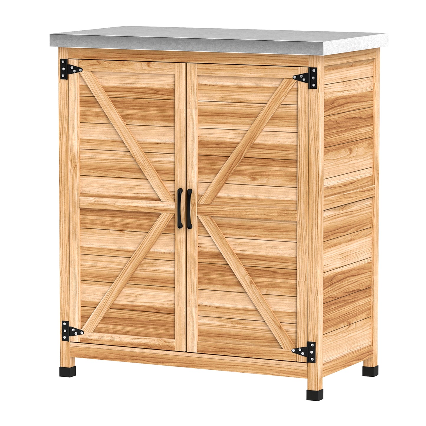 Garden Storage Cabinet, Outdoor Potting Bench Table with Metal Tabletop, Shelf and Double Doors, Natural