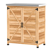 Garden Storage Cabinet, Outdoor Potting Bench Table with Metal Tabletop, Shelf and Double Doors, Natural
