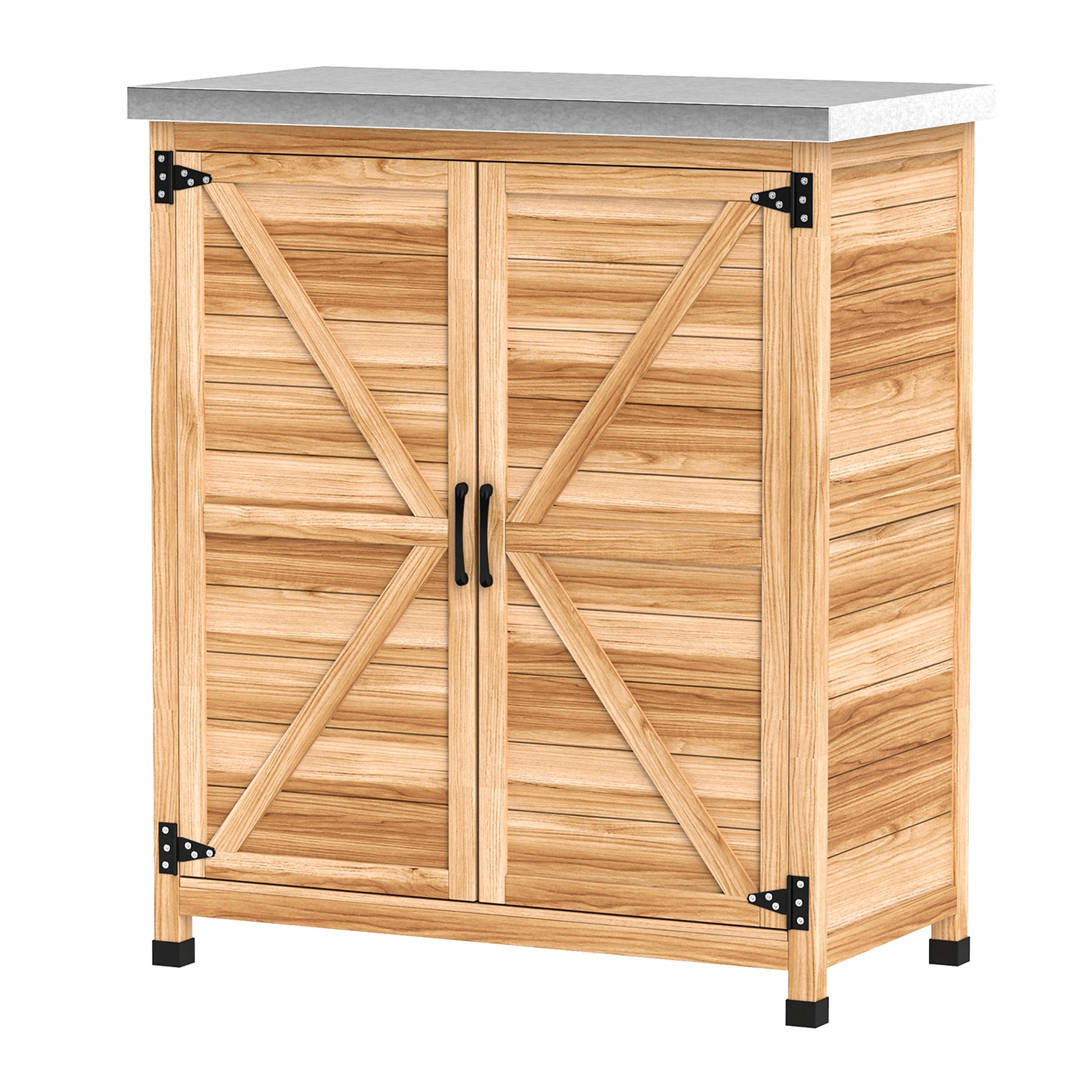 Garden Storage Cabinet, Outdoor Potting Bench Table with Metal Tabletop, Shelf and Double Doors, Natural