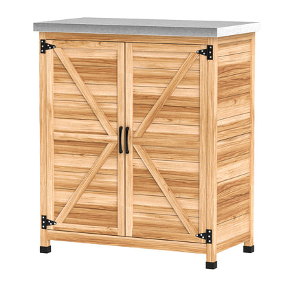 Garden Storage Cabinet, Outdoor Potting Bench Table with Metal Tabletop, Shelf and Double Doors, Natural