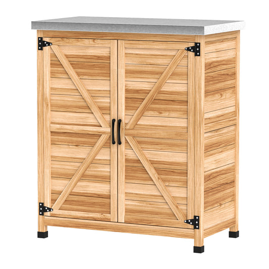 Garden Storage Cabinet, Outdoor Potting Bench Table with Metal Tabletop, Shelf and Double Doors, Natural
