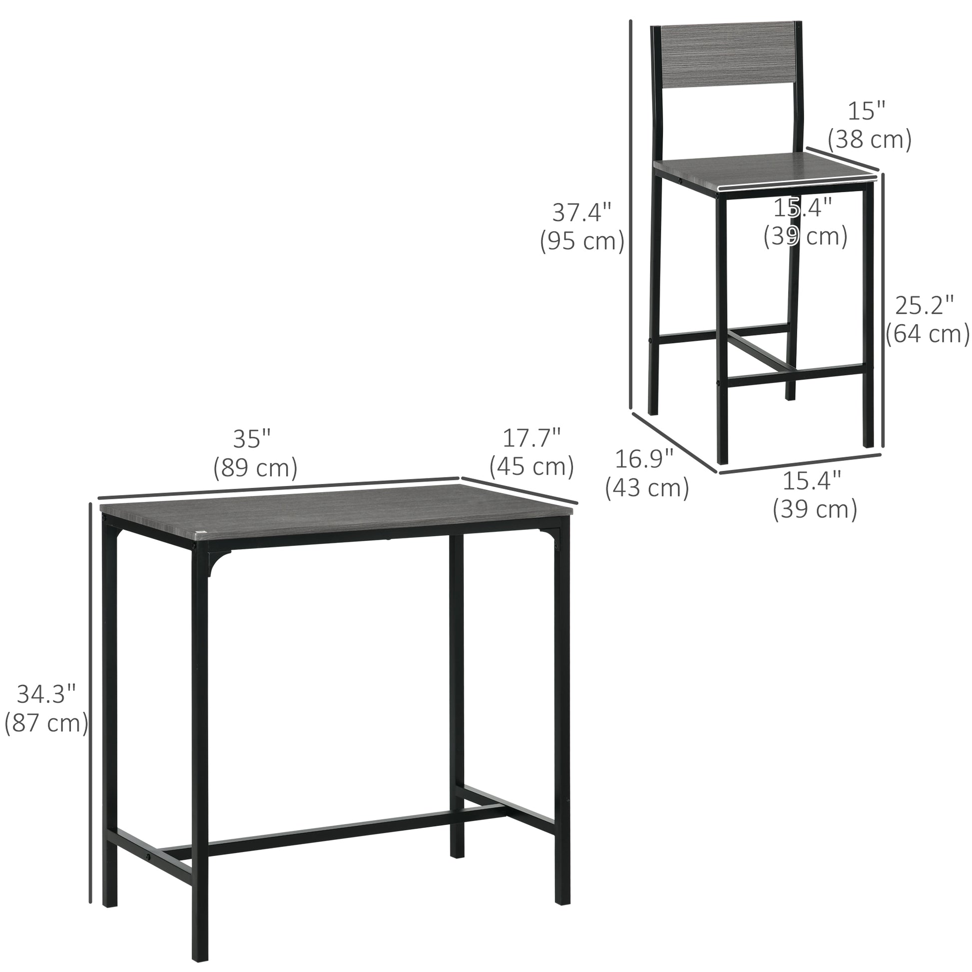 Industrial Bar Table Set Counter Height 3 Piece and 2 High Back Stools Set Dining Table Set Grey