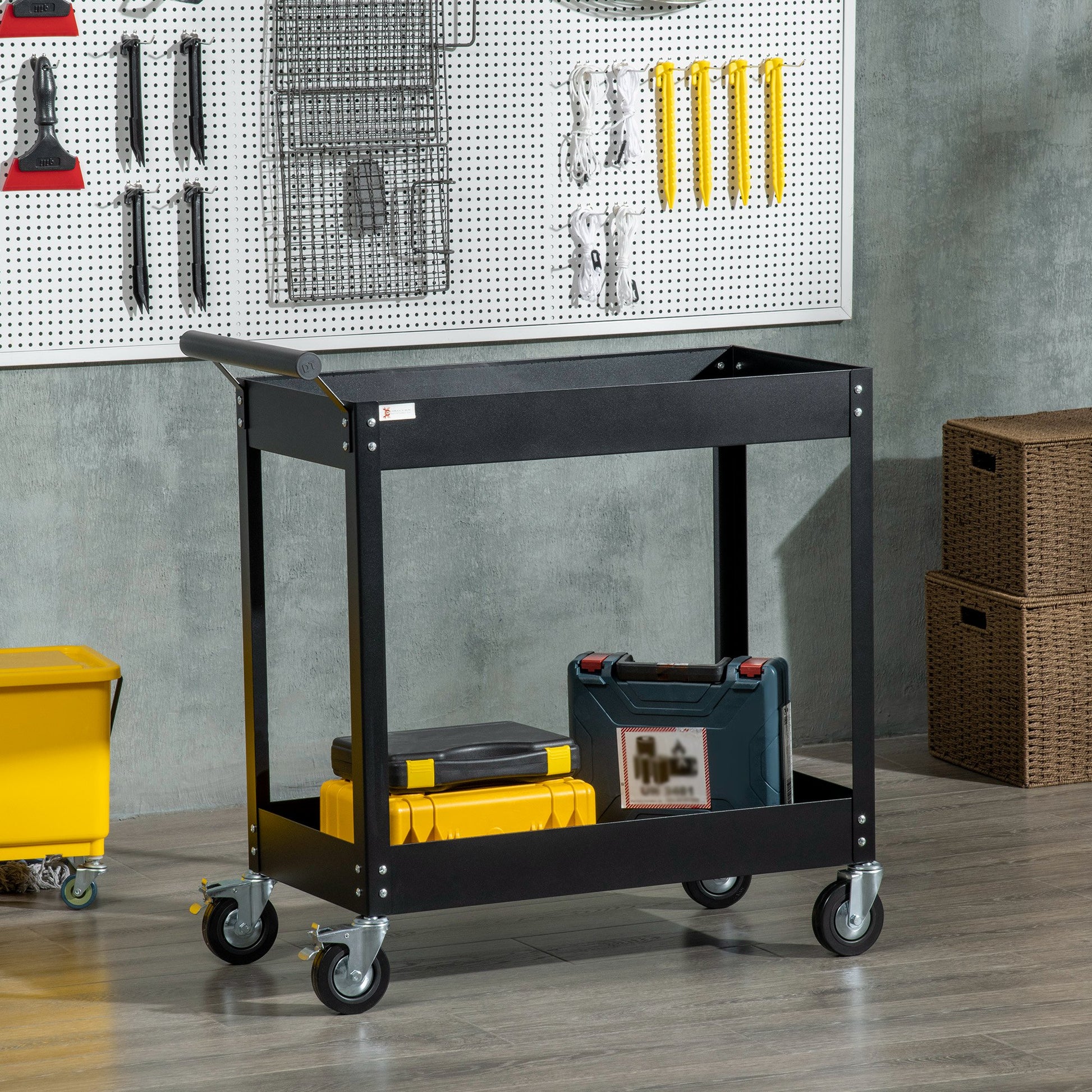 Rolling Tool Cart, 2 Tier Mobile Service Utility Cart with Wheels, Black