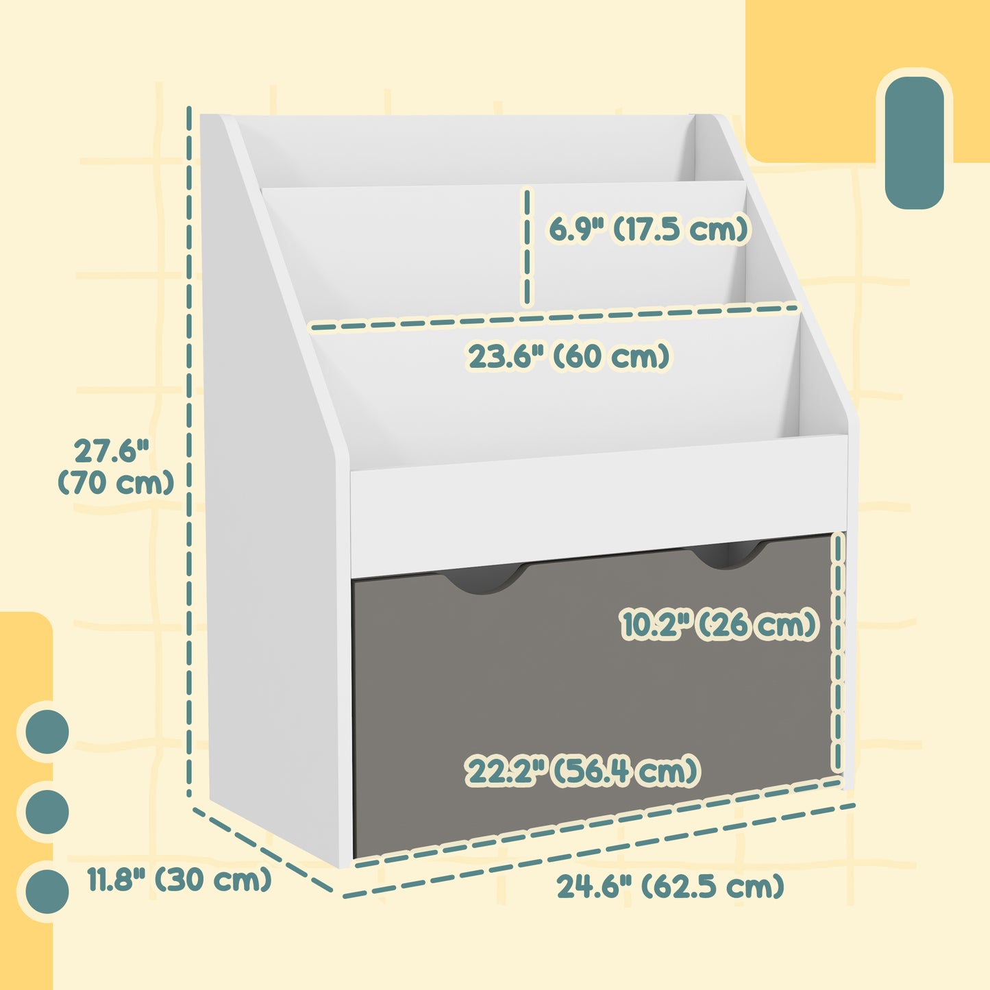 Qaba Kids Bookshelf with 3 Tier Display Shelves, Drawer for Nursery, Grey