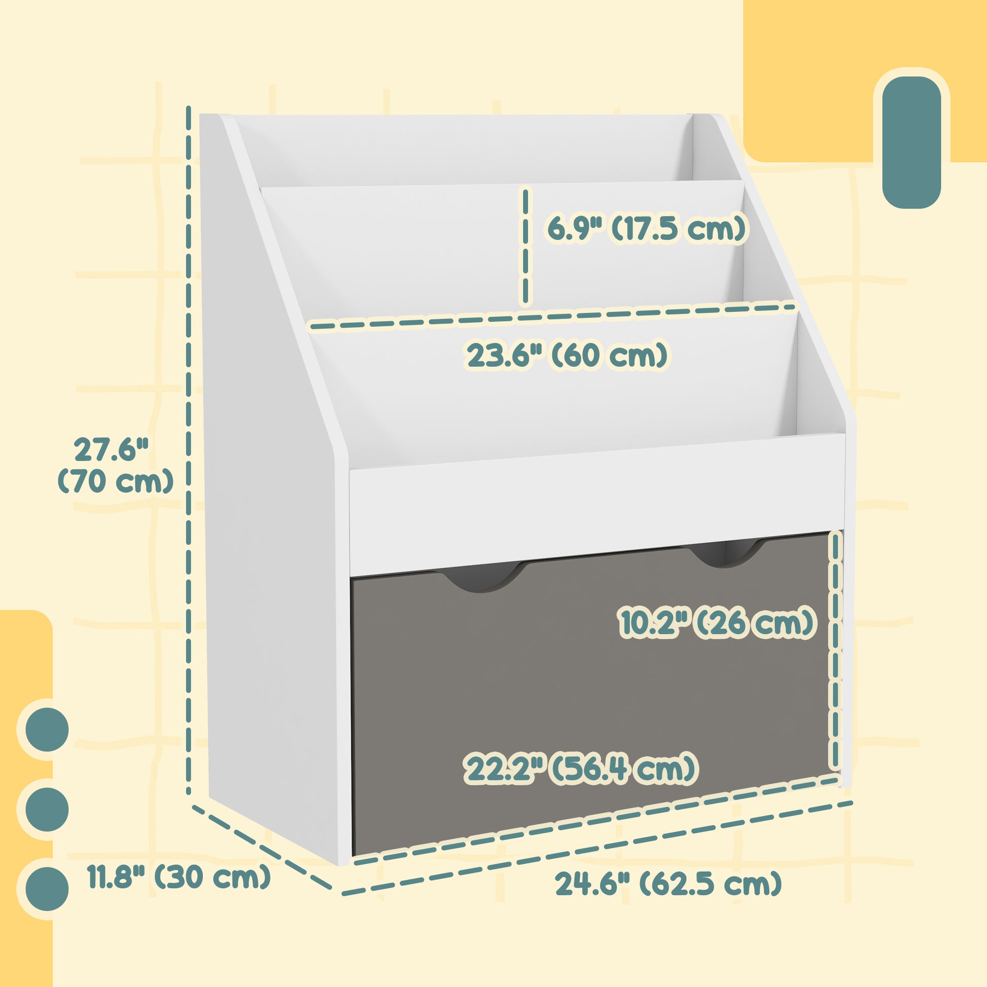 Qaba Kids Bookshelf with 3 Tier Display Shelves, Drawer for Nursery, Grey